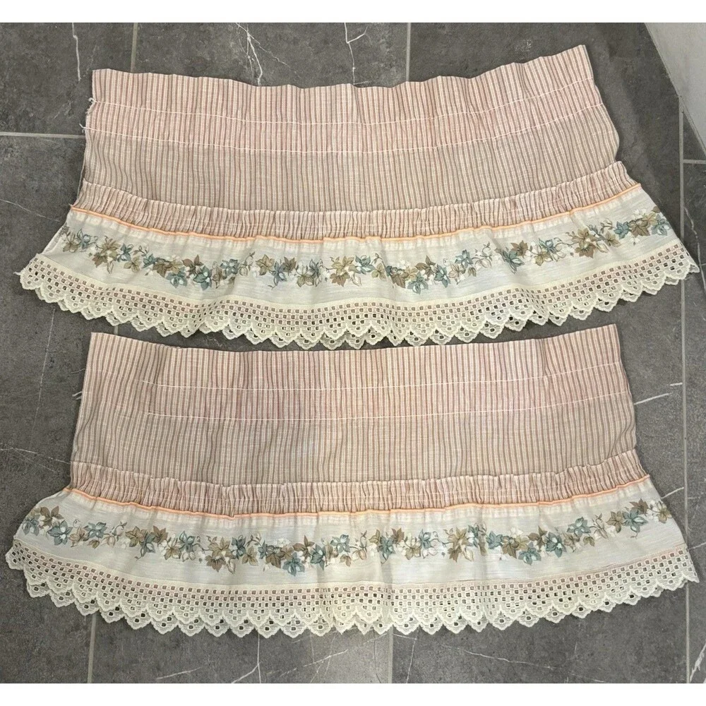 VTG 2 VALANCES Ruffled Stripes W Vines Flowers & Lace Trim Cottage Core 48 X 12